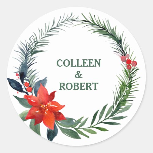 Watercolor Poinsettia Flower Red Berries Wedding Classic Round Sticker