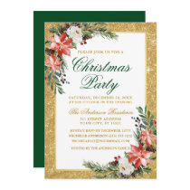 Watercolor Poinsettia Glitter Christmas Party Invitation