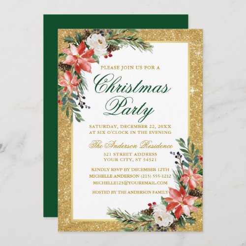 Watercolor Poinsettia Glitter Christmas Party Invitation