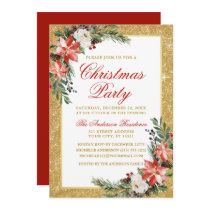 Watercolor Poinsettia Glitter Christmas Party Red Invitation