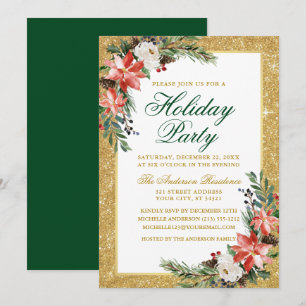 Watercolor Poinsettia Glitter Holiday Party Invitation