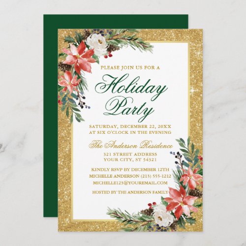 Watercolor Poinsettia Glitter Holiday Party Invitation