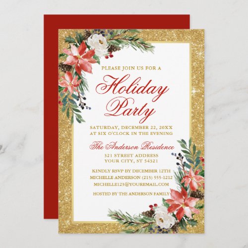 Watercolor Poinsettia Glitter Holiday Party Red Invitation