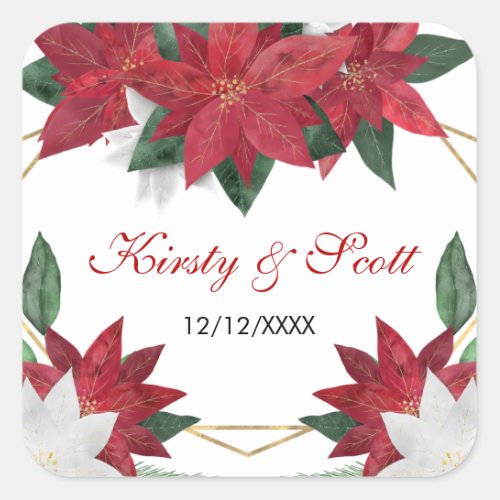 Watercolor Poinsettia Gold Frame Christmas Wedding Square Sticker