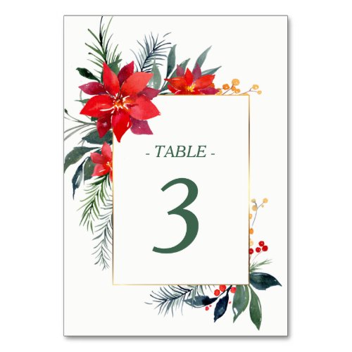 Watercolor Poinsettia Gold Frame Christmas Wedding Table Number