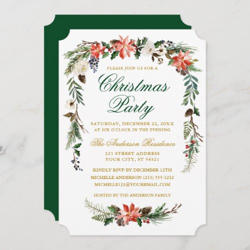 Watercolor Poinsettia Gold Green Christmas Party Invitation