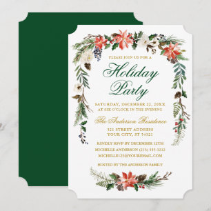 Watercolor Poinsettia Gold Green Holiday Party Invitation