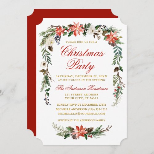Watercolor Poinsettia Gold Red Christmas Party Invitation