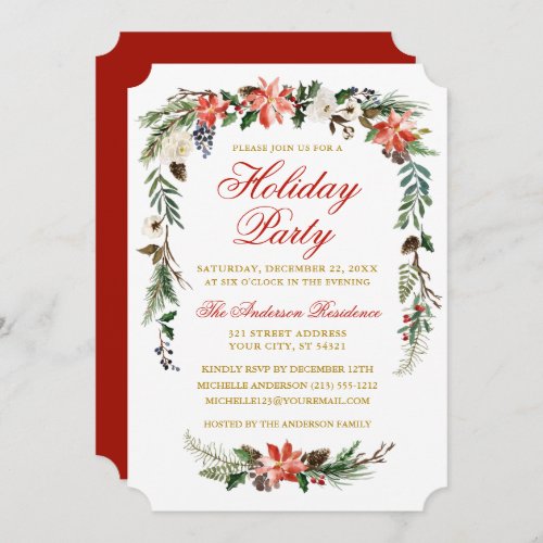 Watercolor Poinsettia Gold Red Holiday Party Invitation
