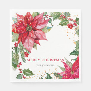 Watercolor Poinsettia Gold Splatter Personalized Napkins