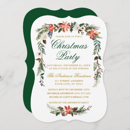 Watercolor Poinsettia Green Gold Christmas Party Invitation
