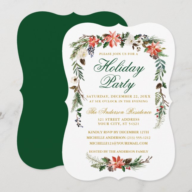Watercolor Poinsettia Green Gold Holiday Party Invitation (Front/Back)