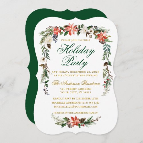 Watercolor Poinsettia Green Gold Holiday Party Invitation