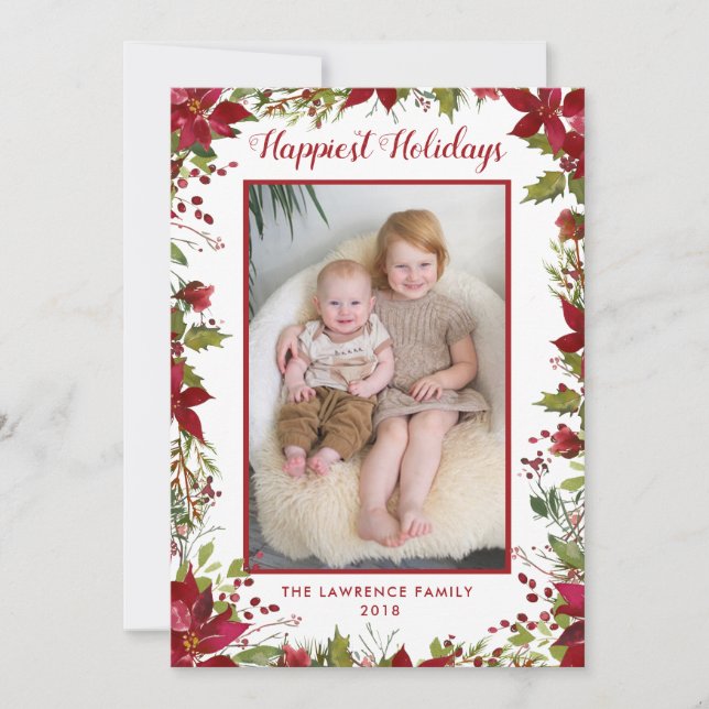 Watercolor Poinsettia Happiest Christmas Photo Holiday Card (Front)