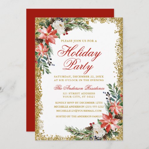 Watercolor Poinsettia Holiday Party Glitter Red Invitation
