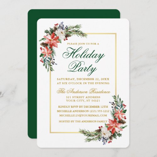Watercolor Poinsettia Holiday Party Gold Green Invitation