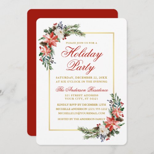 Watercolor Poinsettia Holiday Party Gold Red Invitation