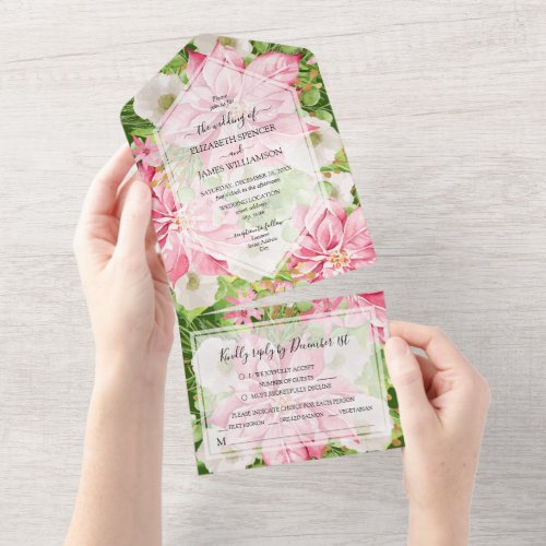 Watercolor Poinsettia Holiday Wedding All In One Invitation