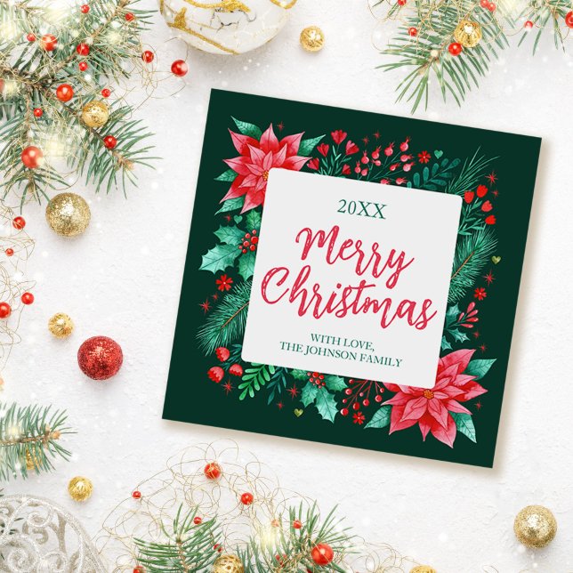 Watercolor Poinsettia, Holly and Pine Christmas Holiday Card (Watercolor Poinsettia, Holly and Pine Christmas Holiday Card)