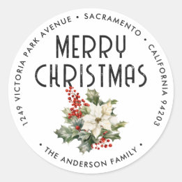 Watercolor Poinsettia Holly Berries Return Address Classic Round Sticker