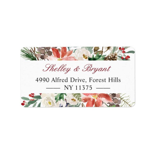 Watercolor Poinsettia Holly Berry Ivory Floral Label