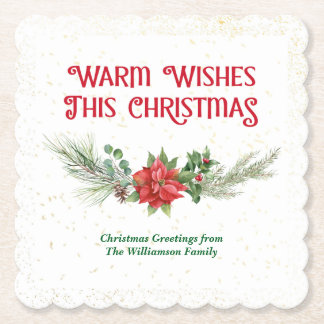 Watercolor Poinsettia Holly Bouquet Christmas Paper Coaster