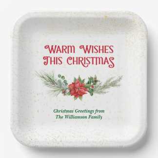 Watercolor Poinsettia Holly Bouquet Christmas Paper Plates