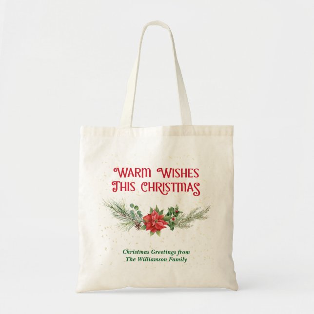 Watercolor Poinsettia Holly Bouquet Christmas Tote Bag (Front)