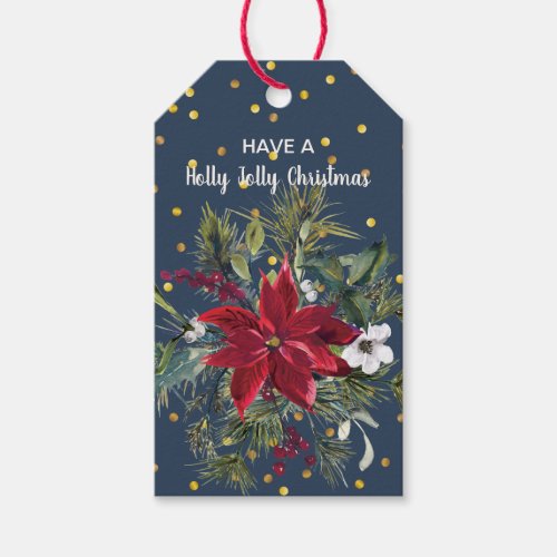 Watercolor Poinsettia holly pine Christmas Gift Tags