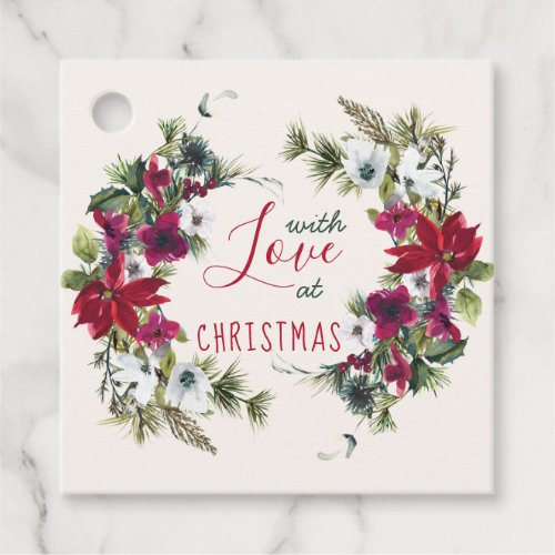 Watercolor Poinsettia holly pine Christmas Party Favor Tags