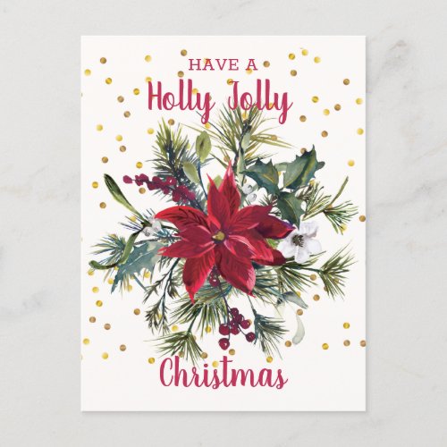 Watercolor Poinsettia holly pine Christmas Party Invitation Postcard
