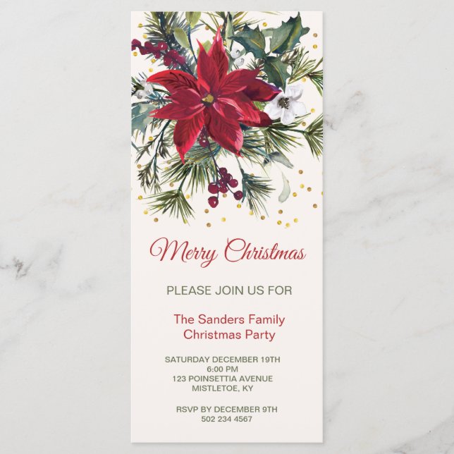 Watercolor Poinsettia, holly, pine Christmas Party Menu (Front)