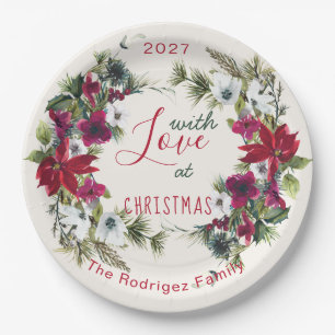 Watercolor Poinsettia, holly, pine Christmas Party Paper Plates