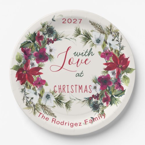 Watercolor Poinsettia holly pine Christmas Party Paper Plates