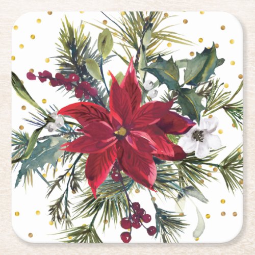 Watercolor Poinsettia holly pine Christmas Party Square Paper Coaster