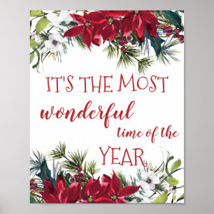 Watercolor Poinsettia, holly, pine Christmas Poster