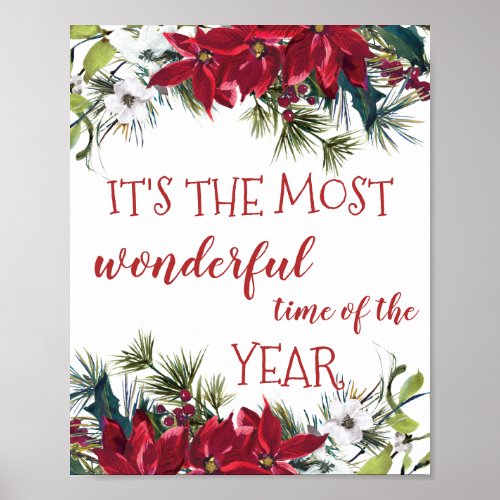 Watercolor Poinsettia holly pine Christmas Poster