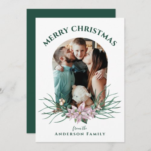 Watercolor Poinsettia Merry Christmas Family Photo Holiday Card