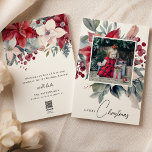Watercolor Poinsettia Merry Christmas Photo Holiday Card<br><div class="desc">Tradiational watercolor Poinsettia Merry Chritmas Double sided Holiday Card.</div>