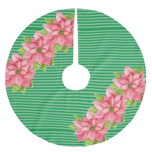 Watercolor Poinsettia on Stripes Brushed Polyester Tree Skirt (Front)