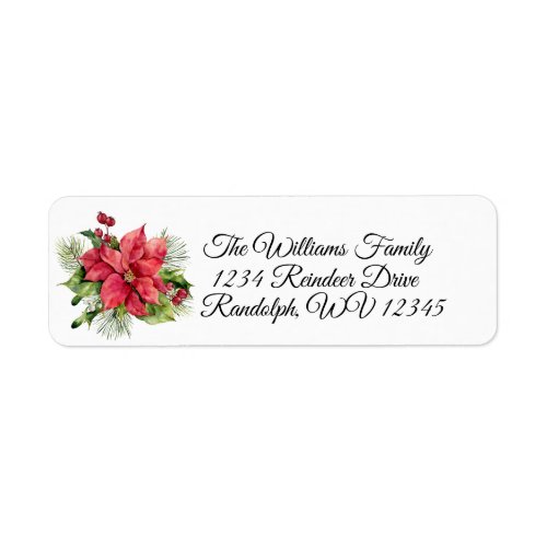 Watercolor Poinsettia Pine and Red Berries Label