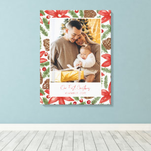 Watercolor Poinsettia & Pine First Christmas Photo Canvas Print
