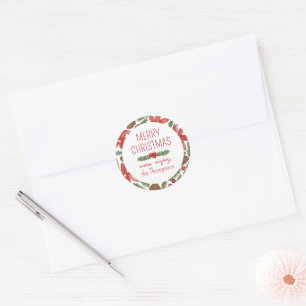 Watercolor Poinsettia & Pine Merry Christmas Classic Round Sticker