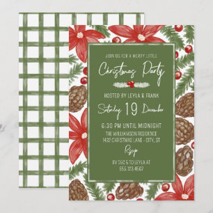Watercolor Poinsettia & Pine Merry Christmas Party Invitation