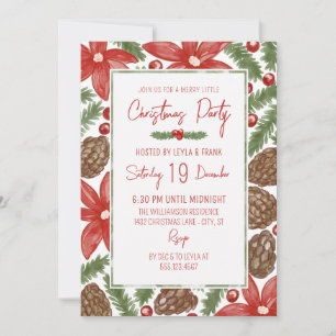 Watercolor Poinsettia & Pine Merry Christmas Party Invitation