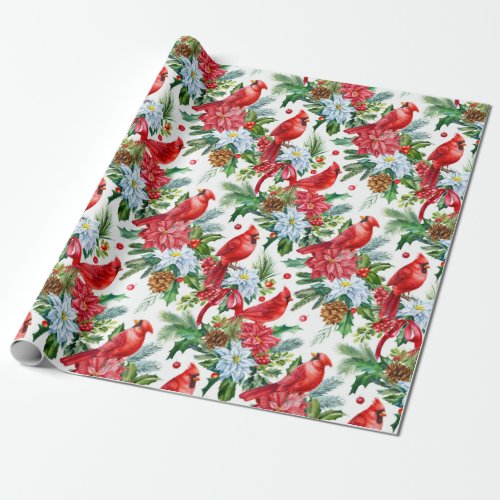 Watercolor Poinsettia Pinecones Christmas Holiday Wrapping Paper