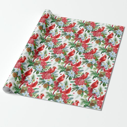 Watercolor Poinsettia Pinecones Christmas Holiday Wrapping Paper