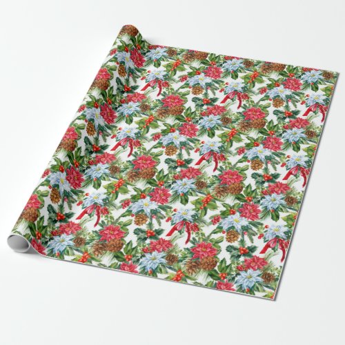 Watercolor Poinsettia Pinecones Christmas Holiday Wrapping Paper