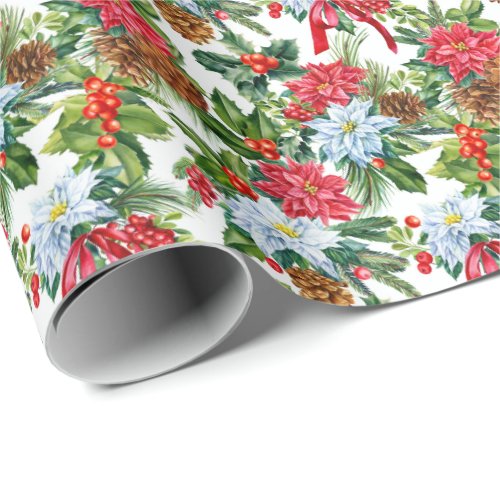 Watercolor Poinsettia Pinecones Christmas Holiday Wrapping Paper