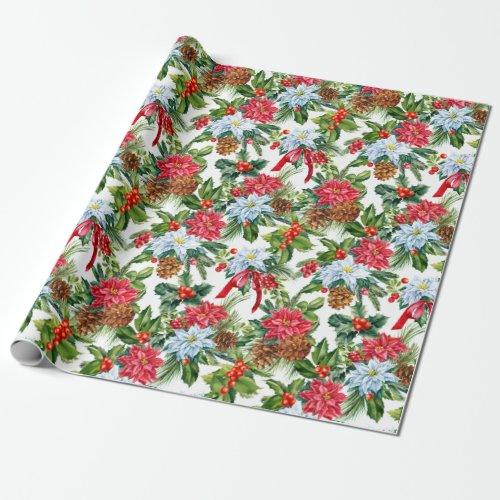 Watercolor Poinsettia Pinecones Christmas Holiday Wrapping Paper